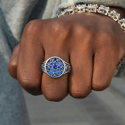 Sapphire/Emerald/Purple/Ruby Round Flower Men's Ring with White Gold Plated