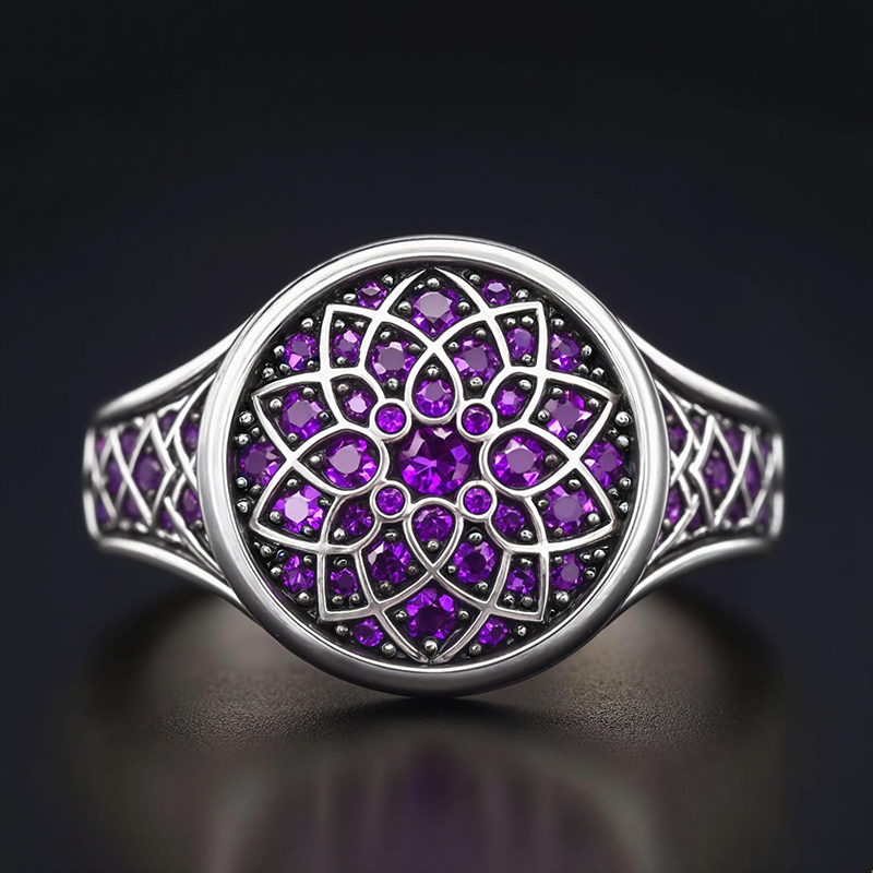 Sapphire/Emerald/Purple/Ruby Round Flower Men's Ring with White Gold Plated
