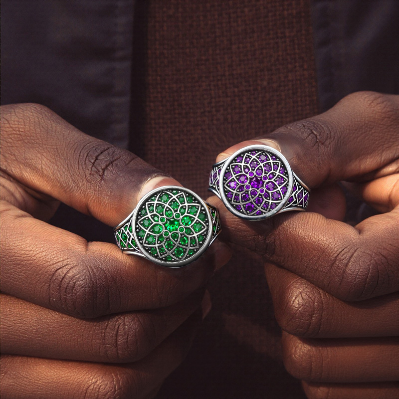 Sapphire/Emerald/Purple/Ruby Round Flower Men's Ring with White Gold Plated