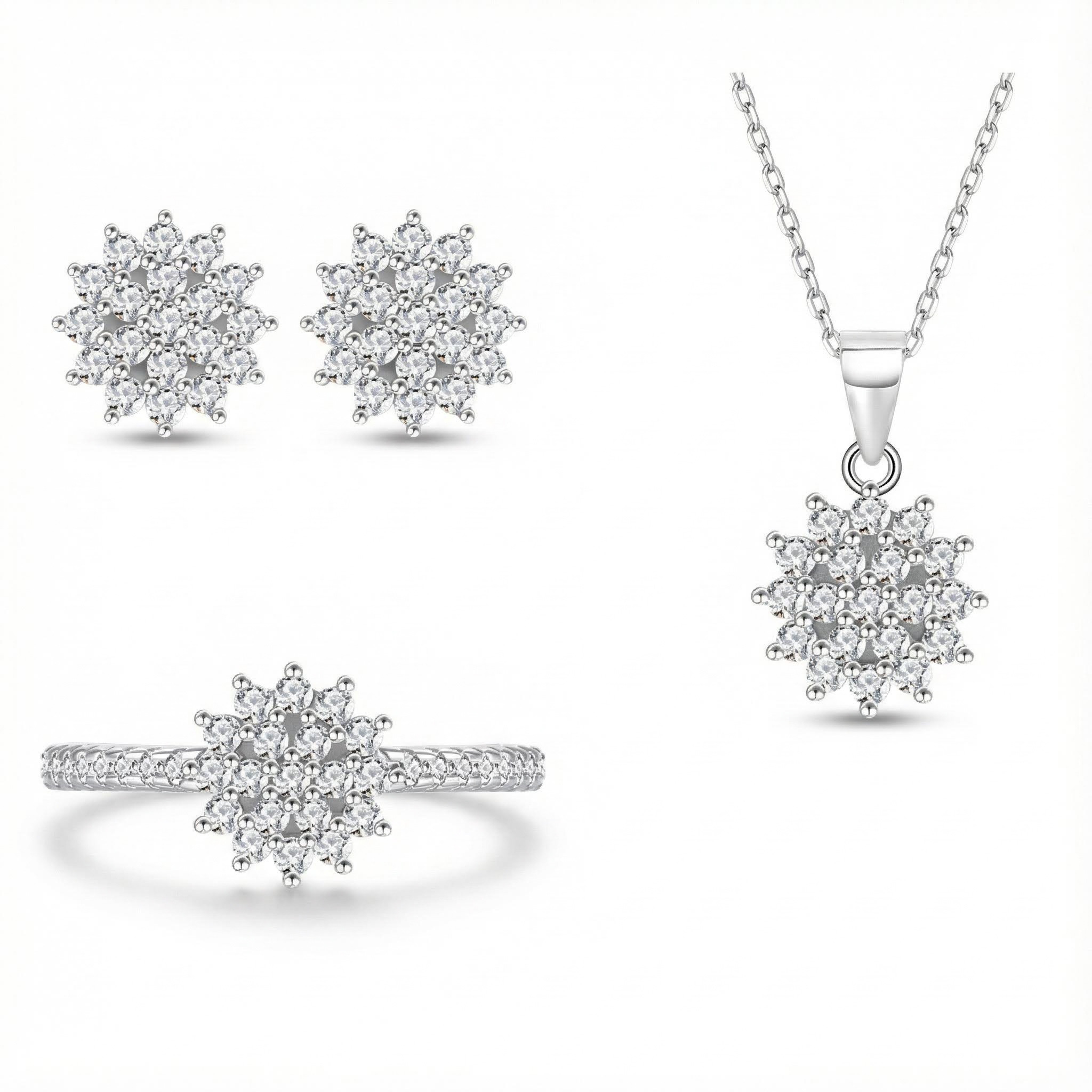 S925 Silver Round Diamond Flower Cluster Necklace & Earrings & Ring Jewelry Set