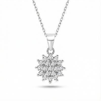 S925 Silver Round Diamond Flower Cluster Necklace & Earrings & Ring Jewelry Set
