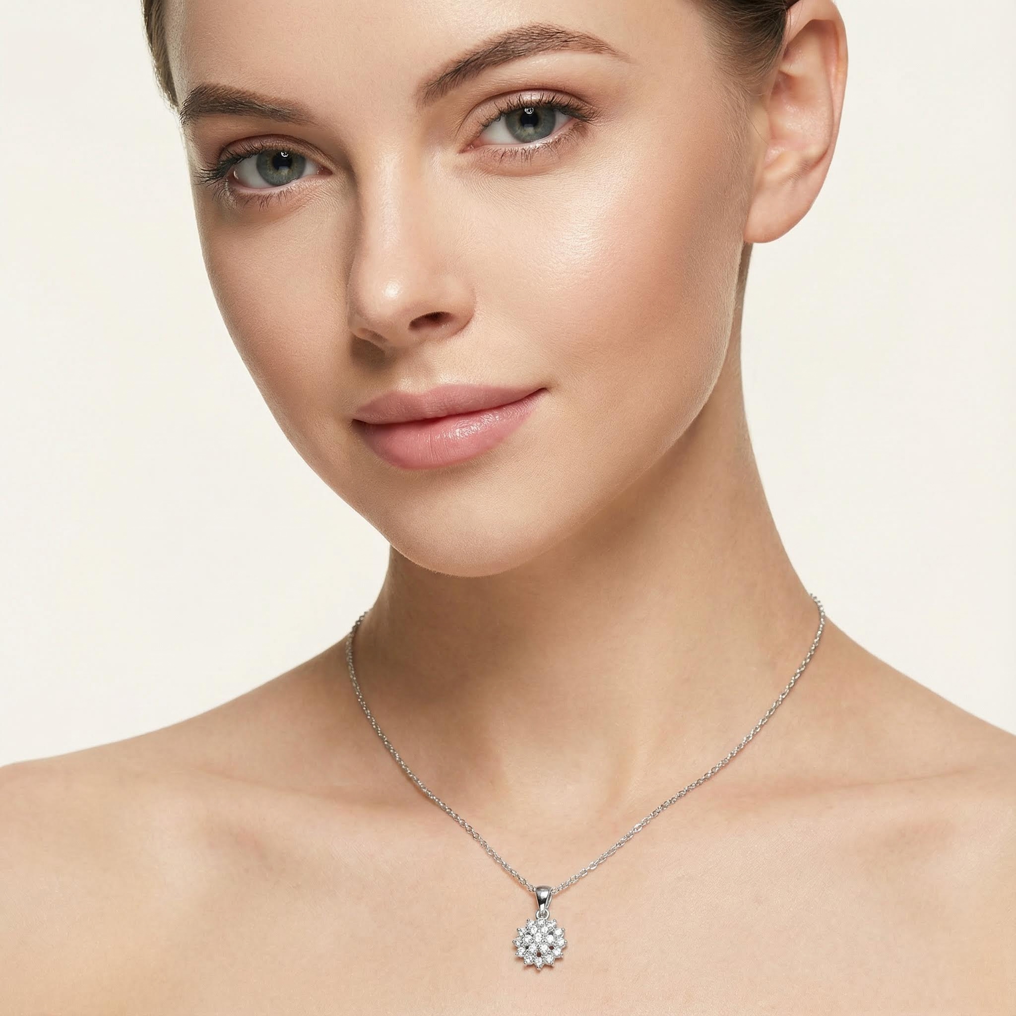 S925 Silver Round Diamond Flower Cluster Necklace & Earrings & Ring Jewelry Set