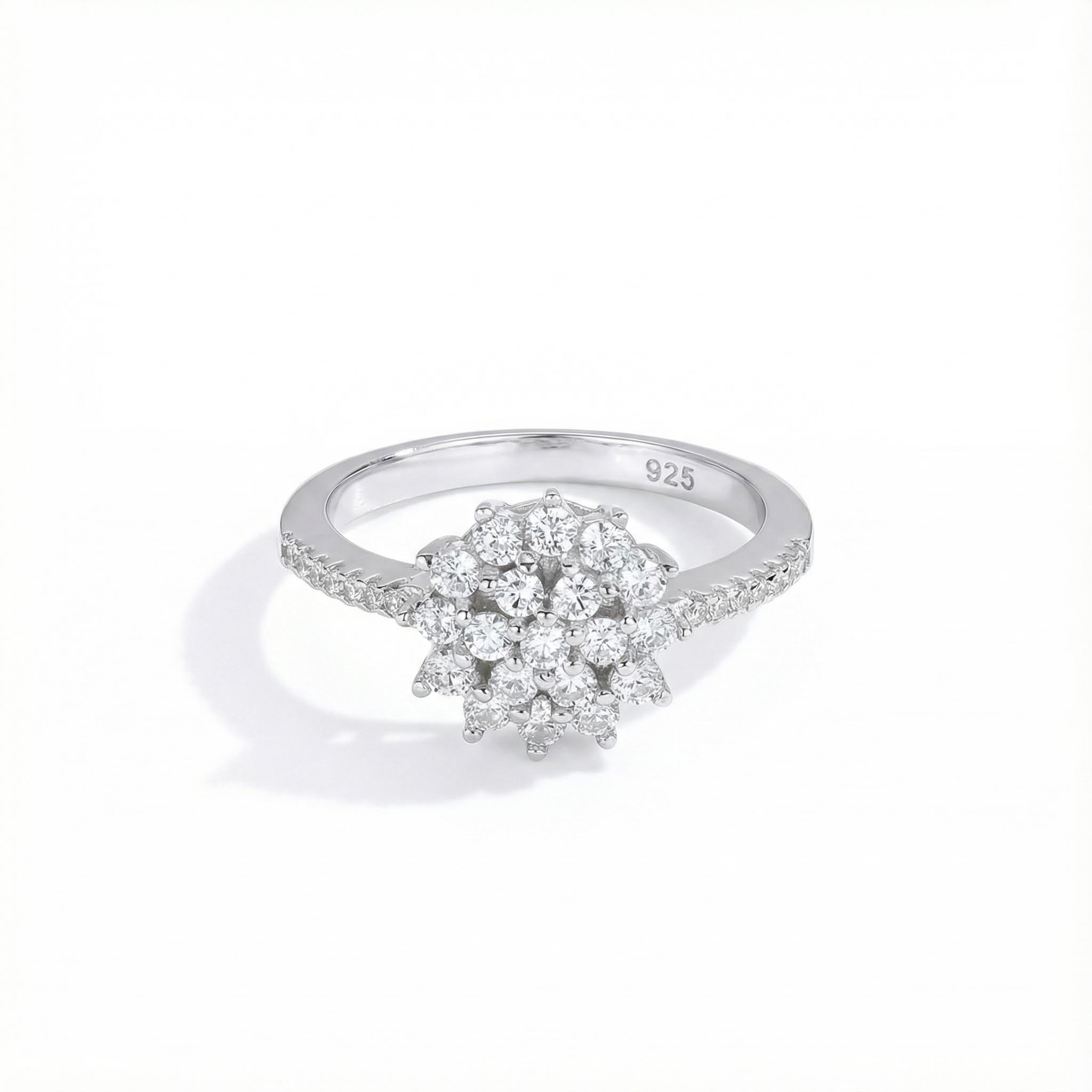 S925 Silver Round Diamond Flower Cluster Necklace & Earrings & Ring Jewelry Set