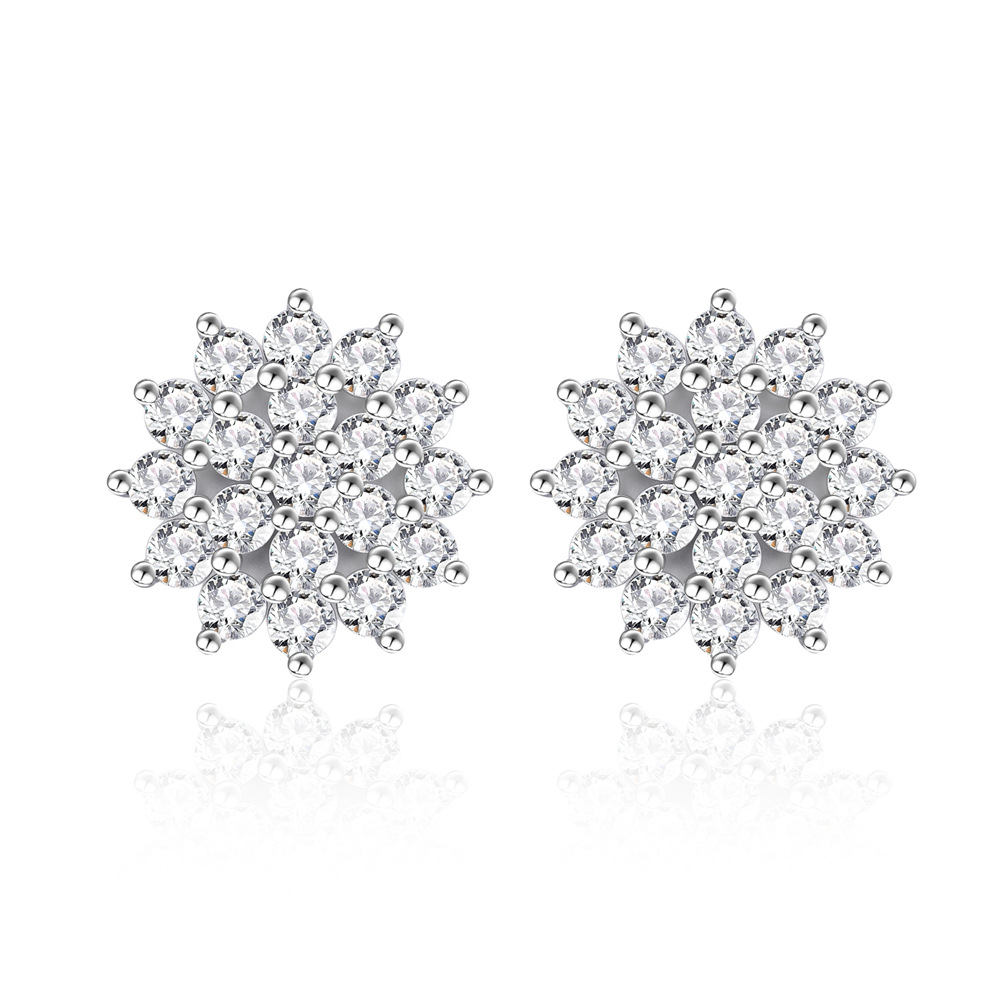 S925 Silver Round Diamond Flower Cluster Necklace & Earrings & Ring Jewelry Set