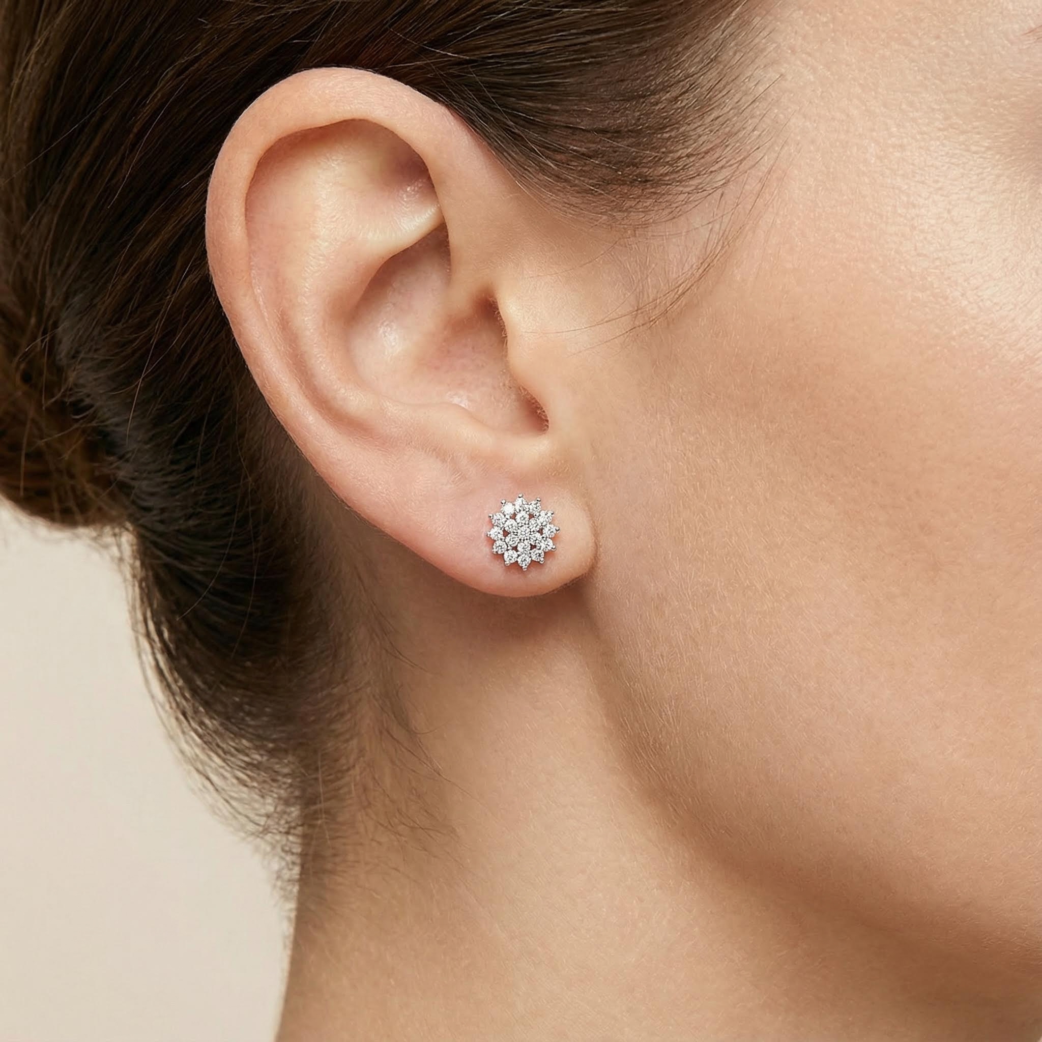 S925 Silver Round Diamond Flower Cluster Necklace & Earrings & Ring Jewelry Set