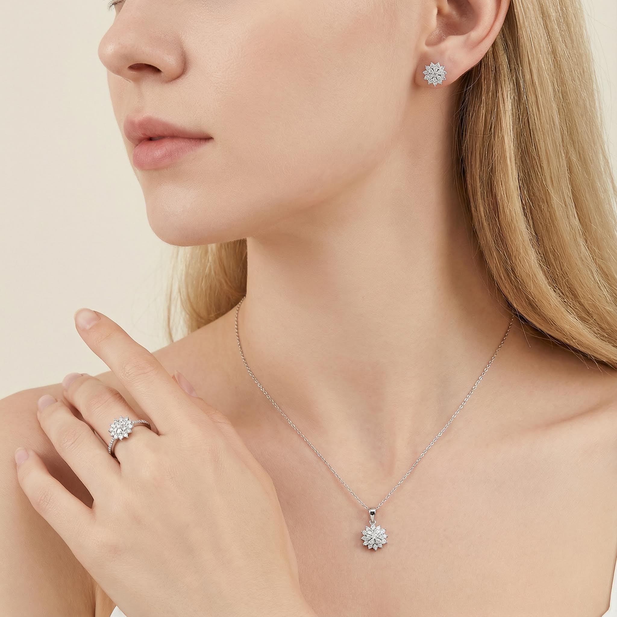 S925 Silver Round Diamond Flower Cluster Necklace & Earrings & Ring Jewelry Set