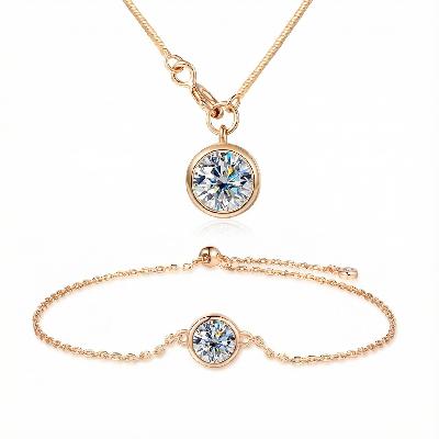 0.5CT/1CT Round Cut VVS Moissanite S925 Silver Bezel Solitaire Necklace & Bracelet Jewelry Set