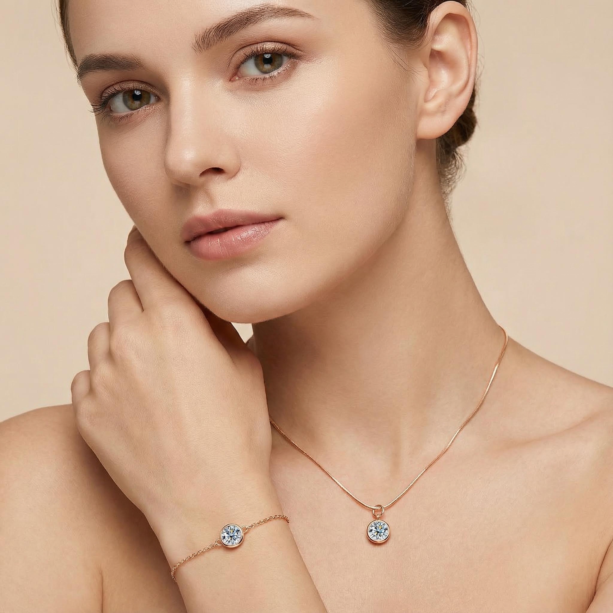 0.5CT/1CT Round Cut VVS Moissanite S925 Silver Bezel Solitaire Necklace & Bracelet Jewelry Set