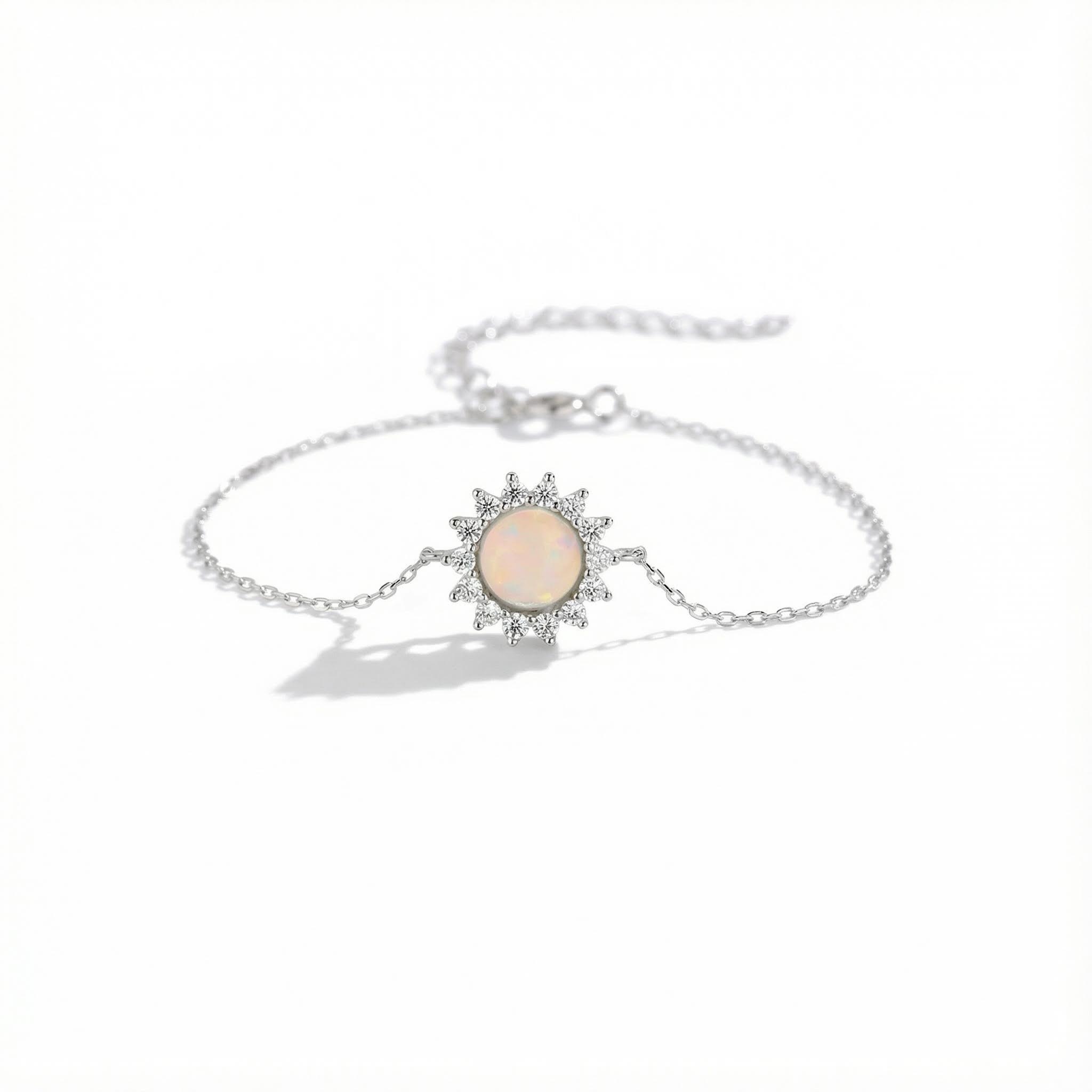 S925 Silver Opal & White Diamond Flower Cluster Bracelet