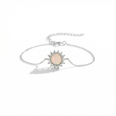 S925 Silver Opal & White Diamond Flower Cluster Bracelet