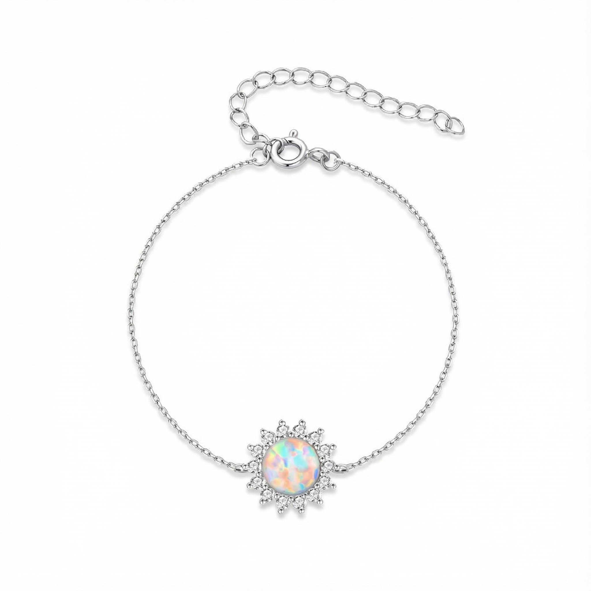 S925 Silver Opal & White Diamond Flower Cluster Bracelet