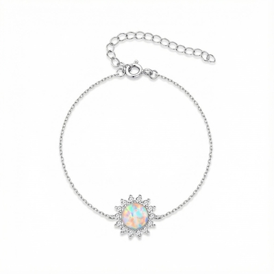 S925 Silver Opal & White Diamond Flower Cluster Bracelet