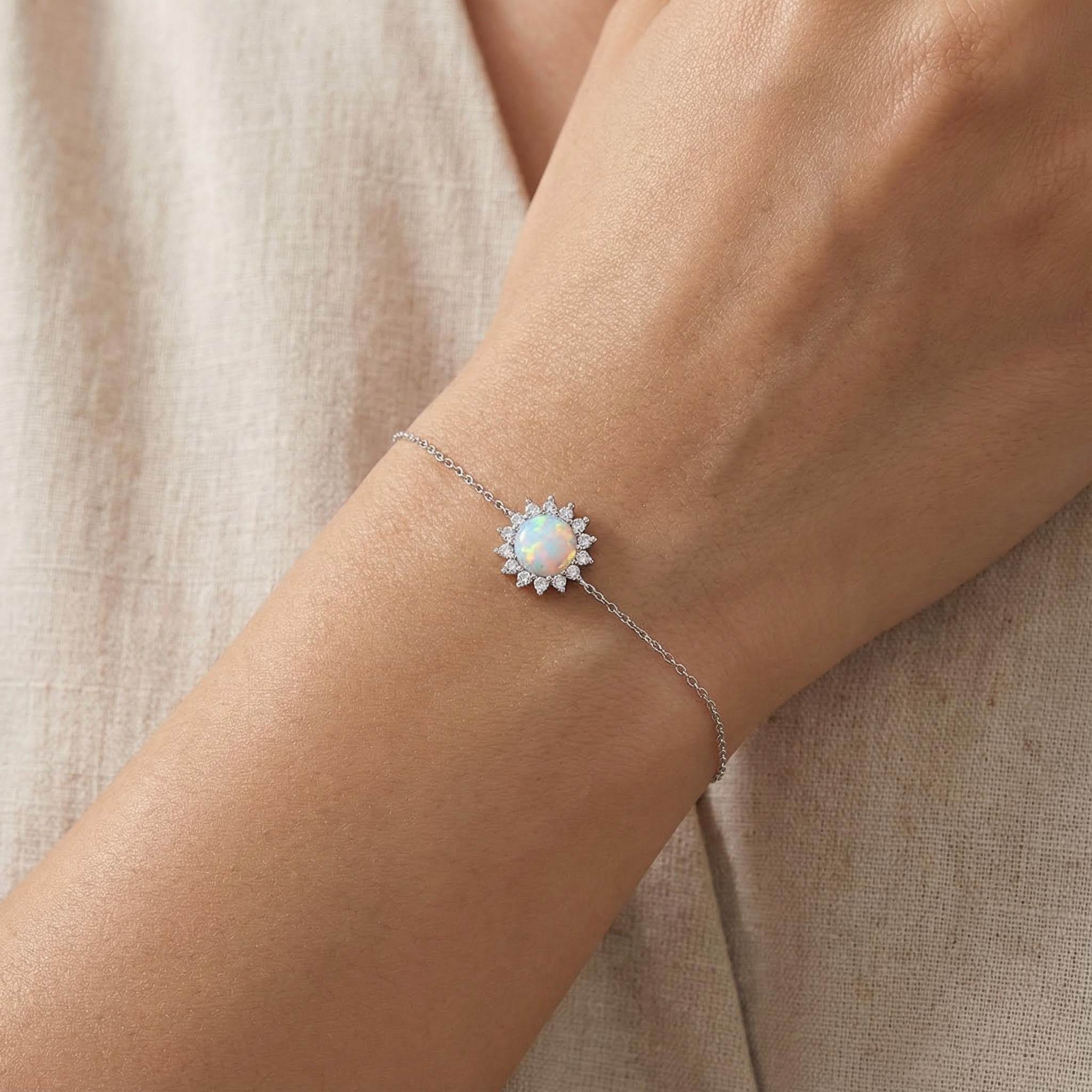 S925 Silver Opal & White Diamond Flower Cluster Bracelet