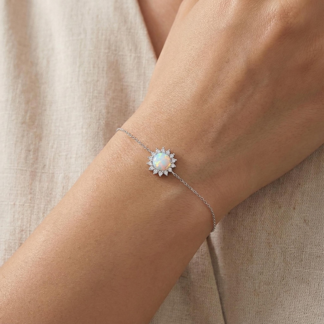 S925 Silver Opal & White Diamond Flower Cluster Bracelet