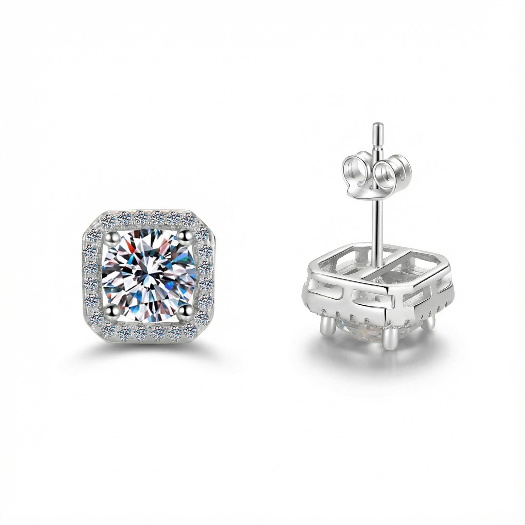 0.5CT/1CT Round Cut VVS Moissanite S925 Silver Square Halo Stud Earrings