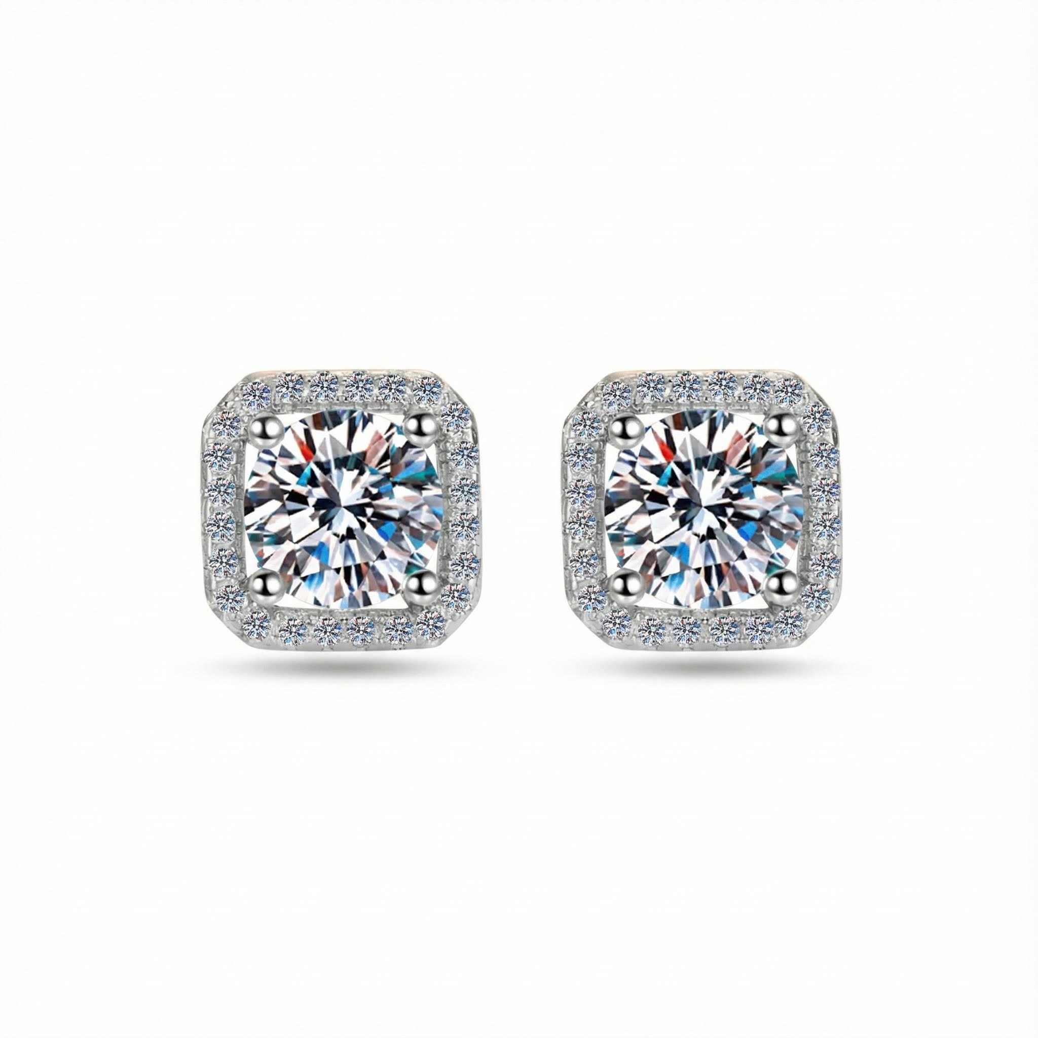0.5CT/1CT Round Cut VVS Moissanite S925 Silver Square Halo Stud Earrings