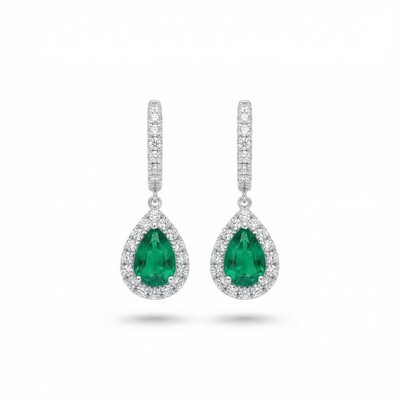 S925 Silver Pear Cut Emerald Diamond Drop Earrings