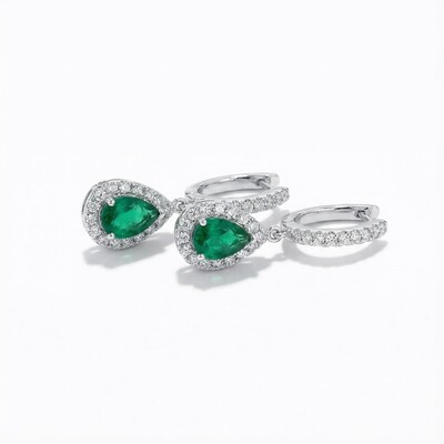S925 Silver Pear Cut Emerald Diamond Drop Earrings