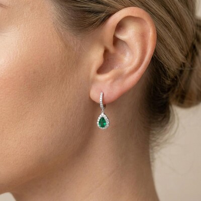 S925 Silver Pear Cut Emerald Diamond Drop Earrings