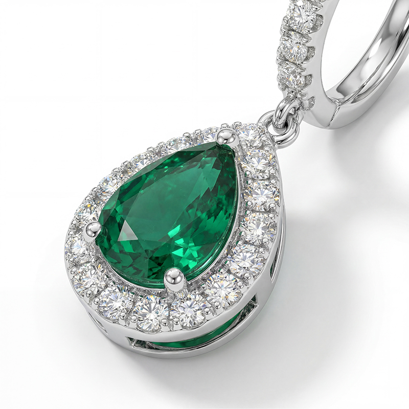 S925 Silver Pear Cut Emerald Diamond Drop Earrings