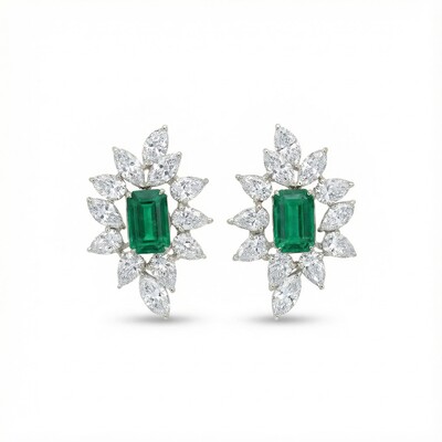 S925 Silver Emerald Diamond Halo Stud Earrings