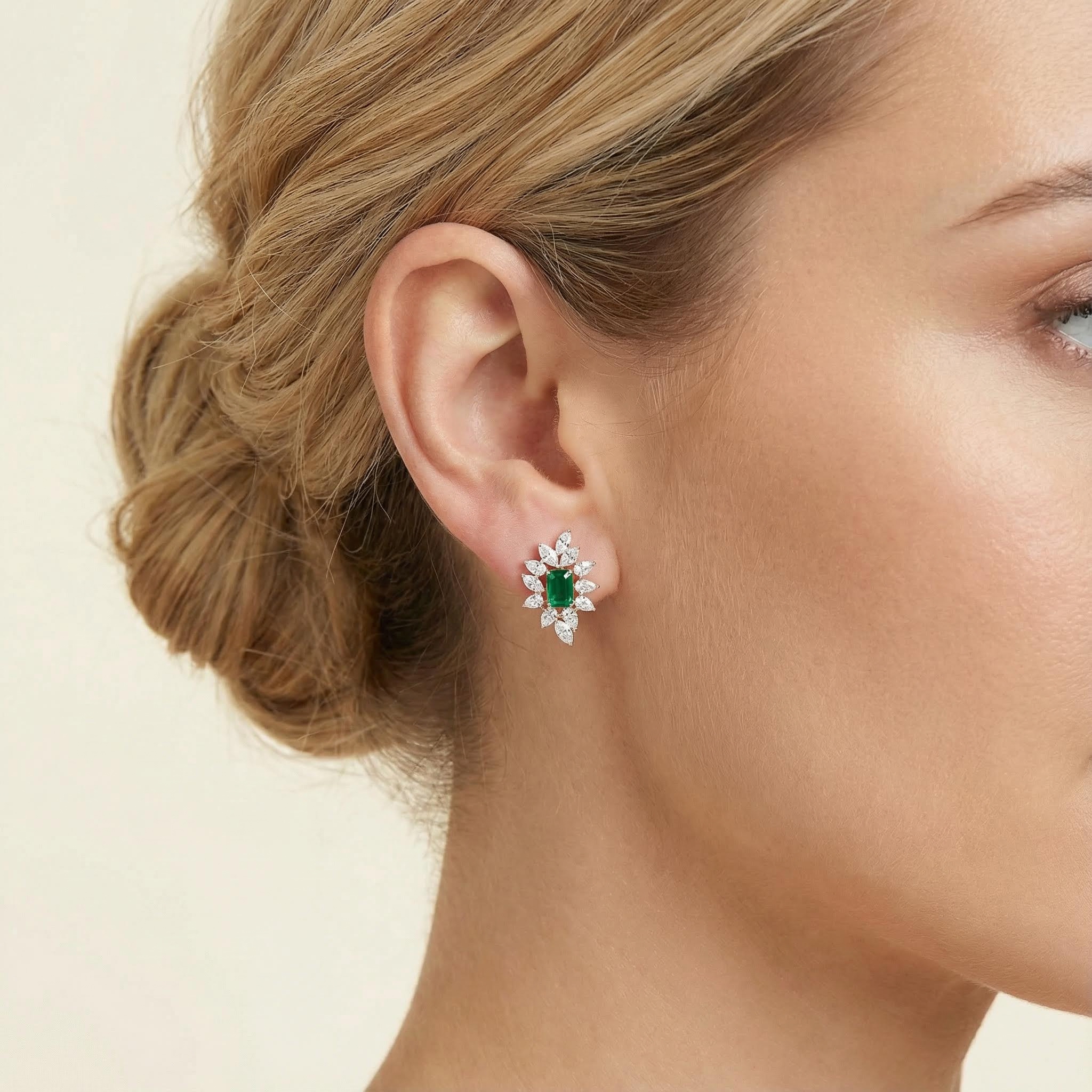 S925 Silver Emerald Diamond Halo Stud Earrings