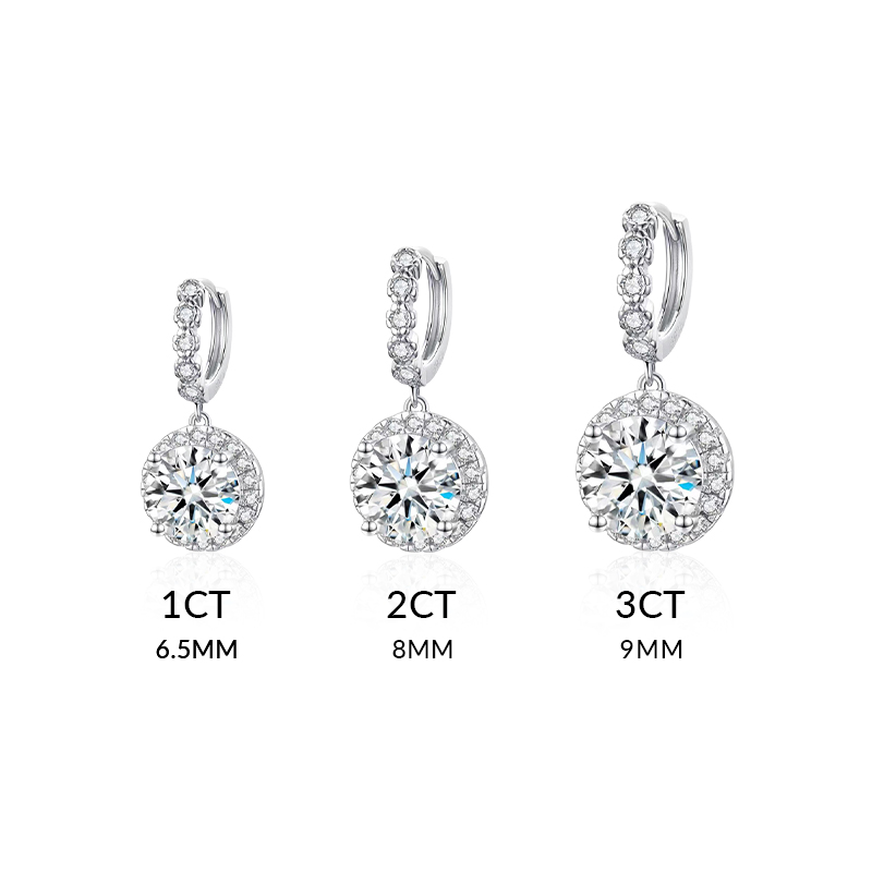 1CT/2CT/3CT Round Cut  VVS Moissanite S925 Silver Drop Earrings