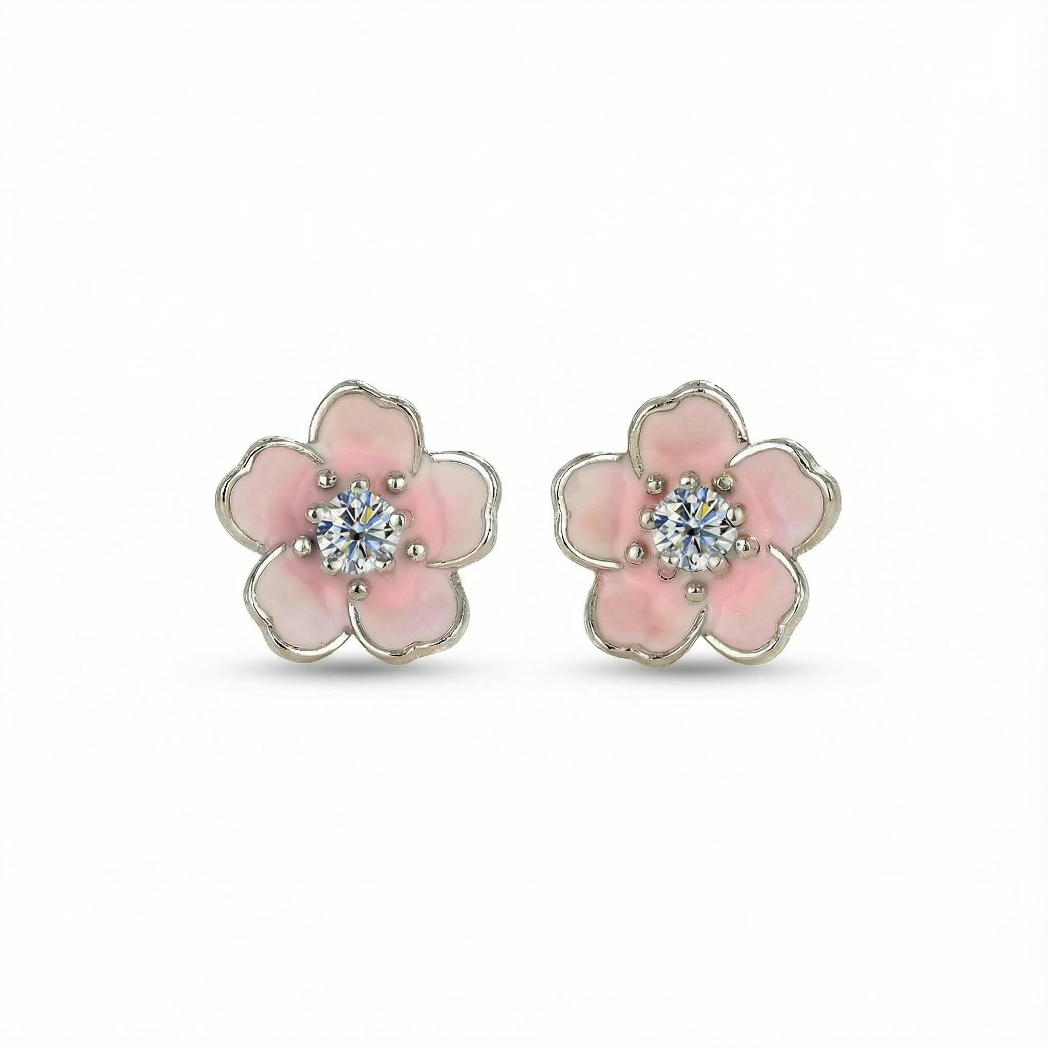 Round Cut VVS Moissanite S925 Silver Pink Flower Stud Earrings