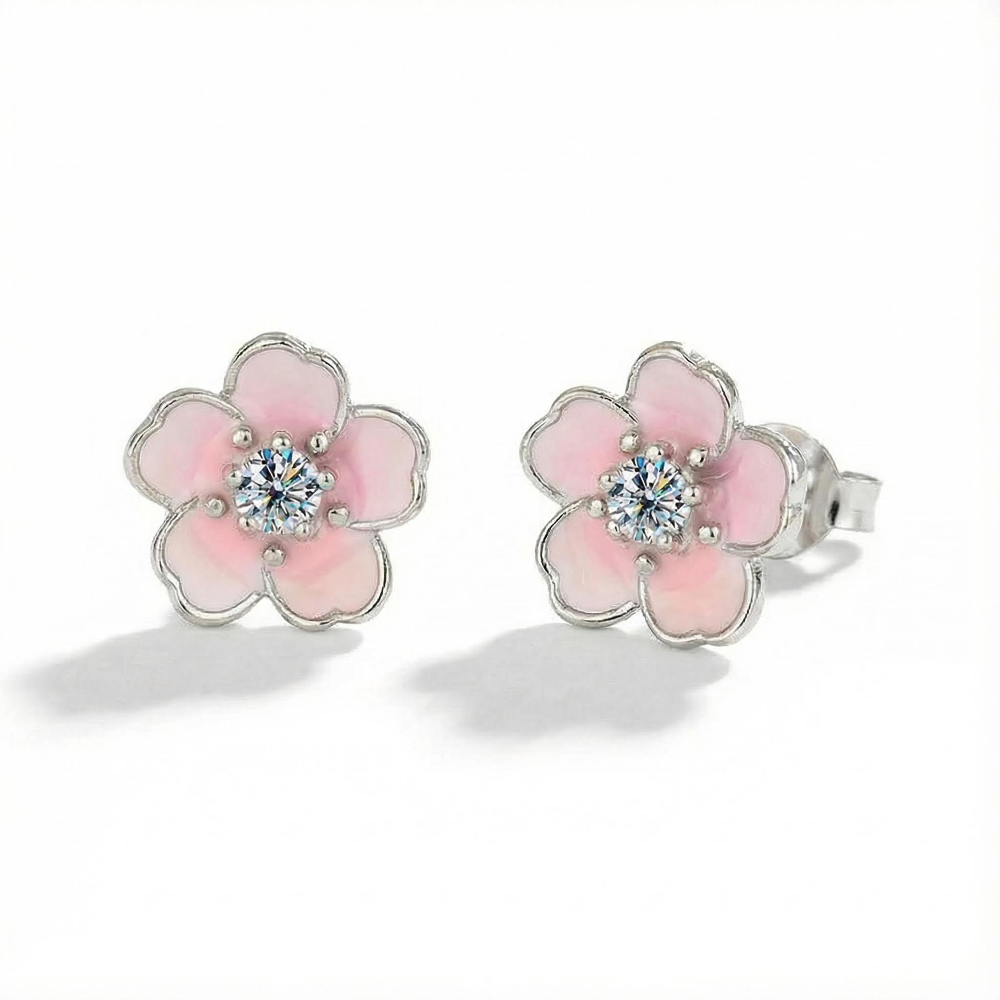 Round Cut VVS Moissanite S925 Silver Pink Flower Stud Earrings