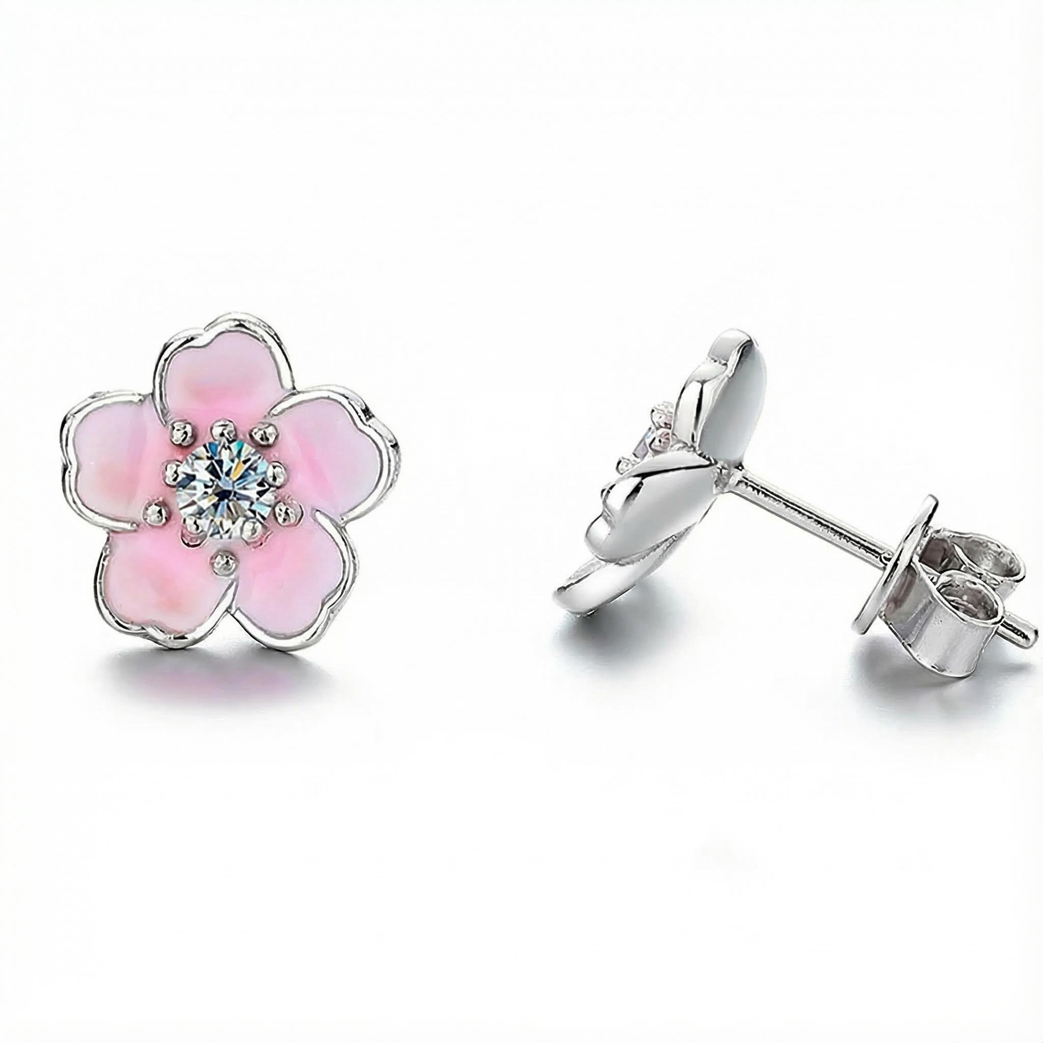 Round Cut VVS Moissanite S925 Silver Pink Flower Stud Earrings