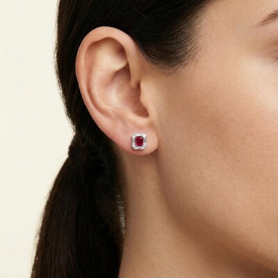 S925 Silver Ruby Diamond Halo Stud Earrings