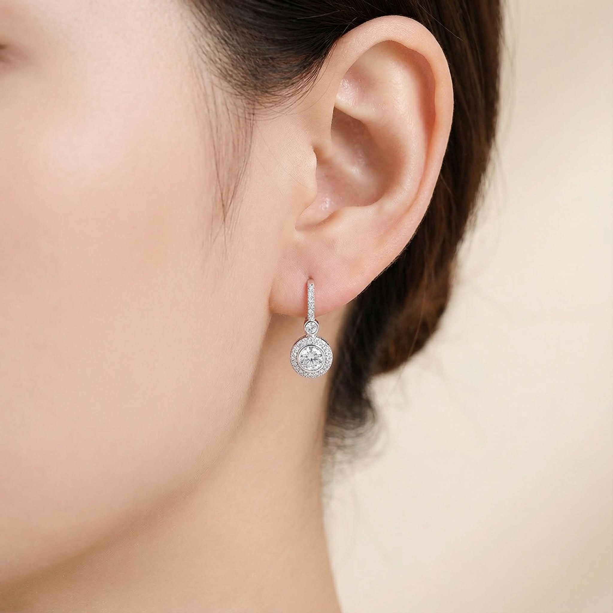 S925 Silver Round Diamond Halo Hoop Earrings