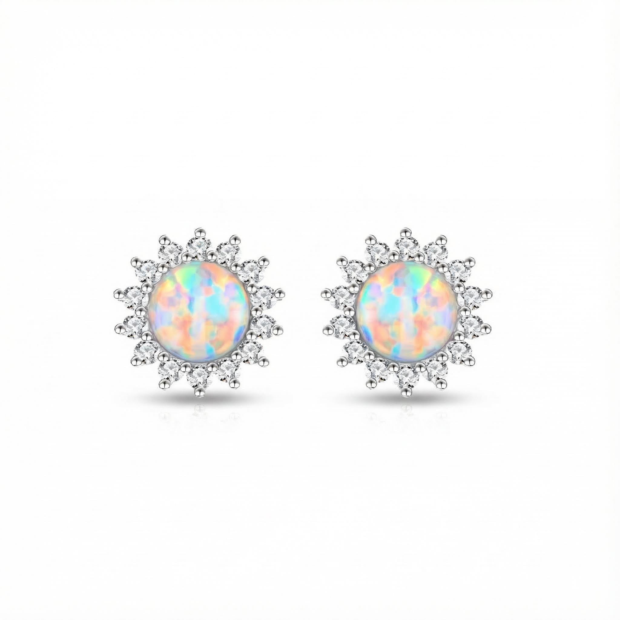 8mm S925 Silver Opal Flower Halo Stud Earrings