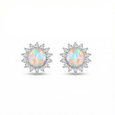 8mm S925 Silver Opal Flower Halo Stud Earrings