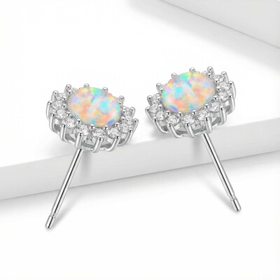 8mm S925 Silver Opal Flower Halo Stud Earrings