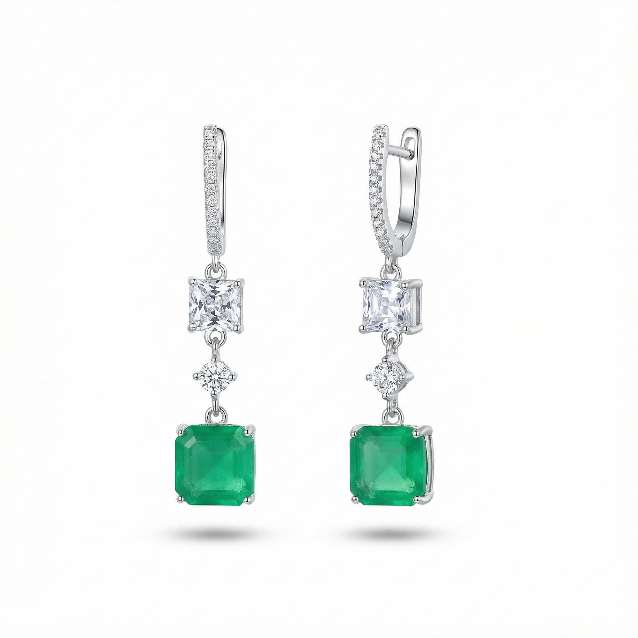 S925 Silver Princess Cut Emerald Diamond Drop Earrings