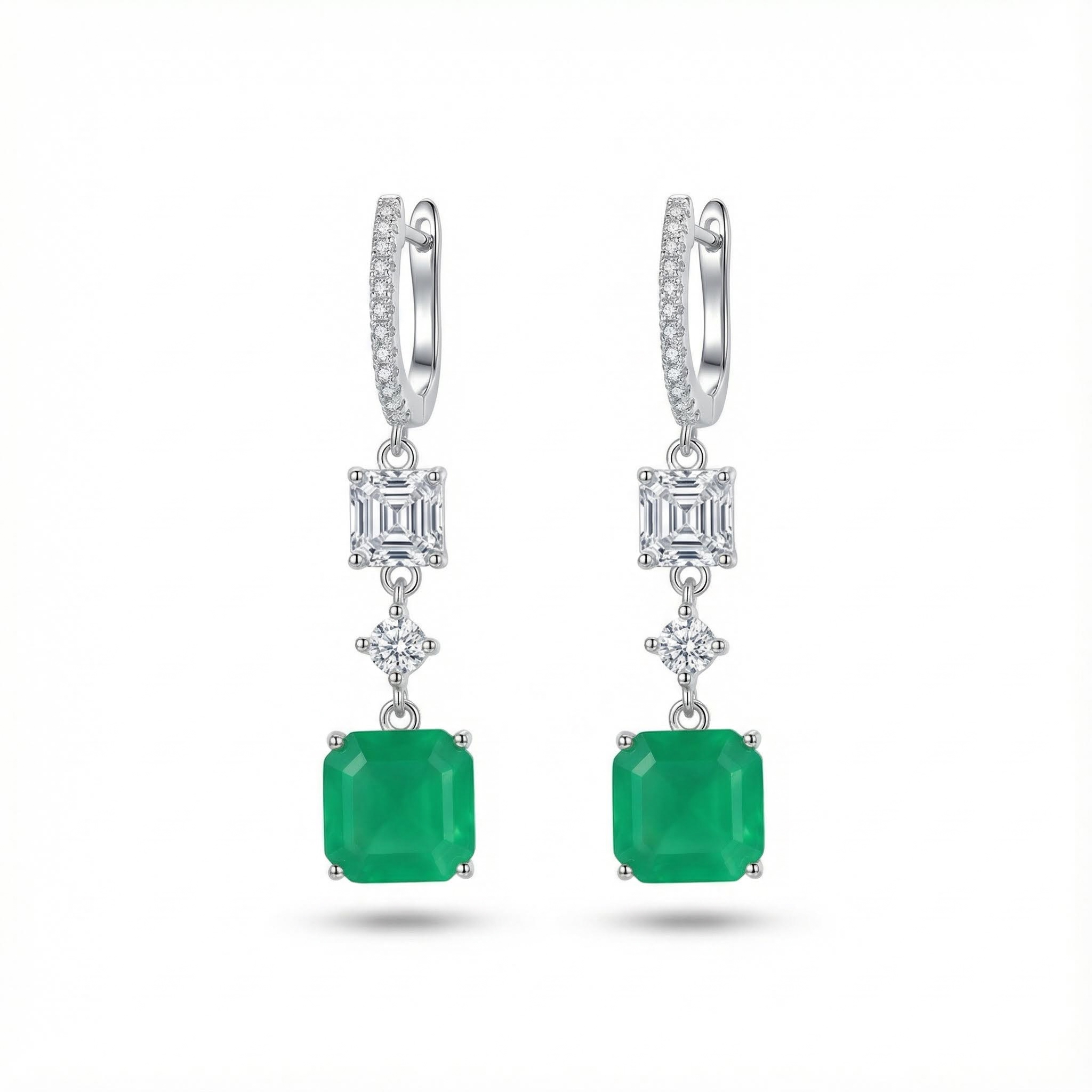 S925 Silver Princess Cut Emerald Diamond Drop Earrings