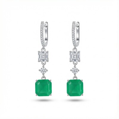 S925 Silver Princess Cut Emerald Diamond Drop Earrings