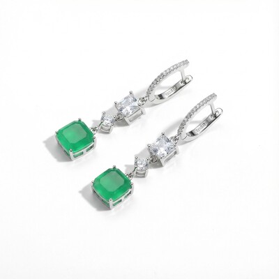 S925 Silver Princess Cut Emerald Diamond Drop Earrings