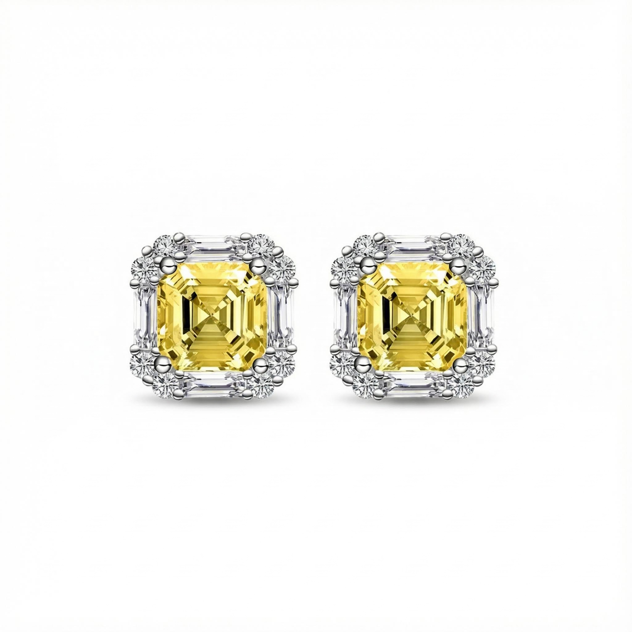 S925 Silver Yellow Princess Diamond Halo Stud Earring