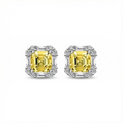 S925 Silver Yellow Princess Diamond Halo Stud Earring