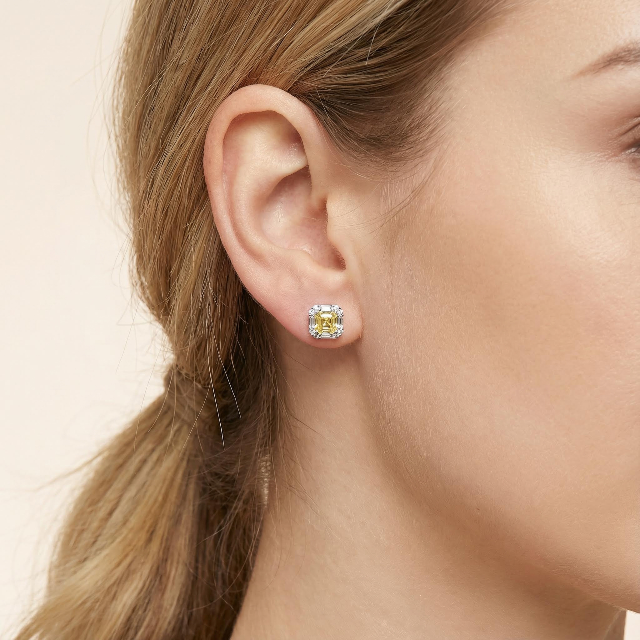 S925 Silver Yellow Princess Diamond Halo Stud Earring