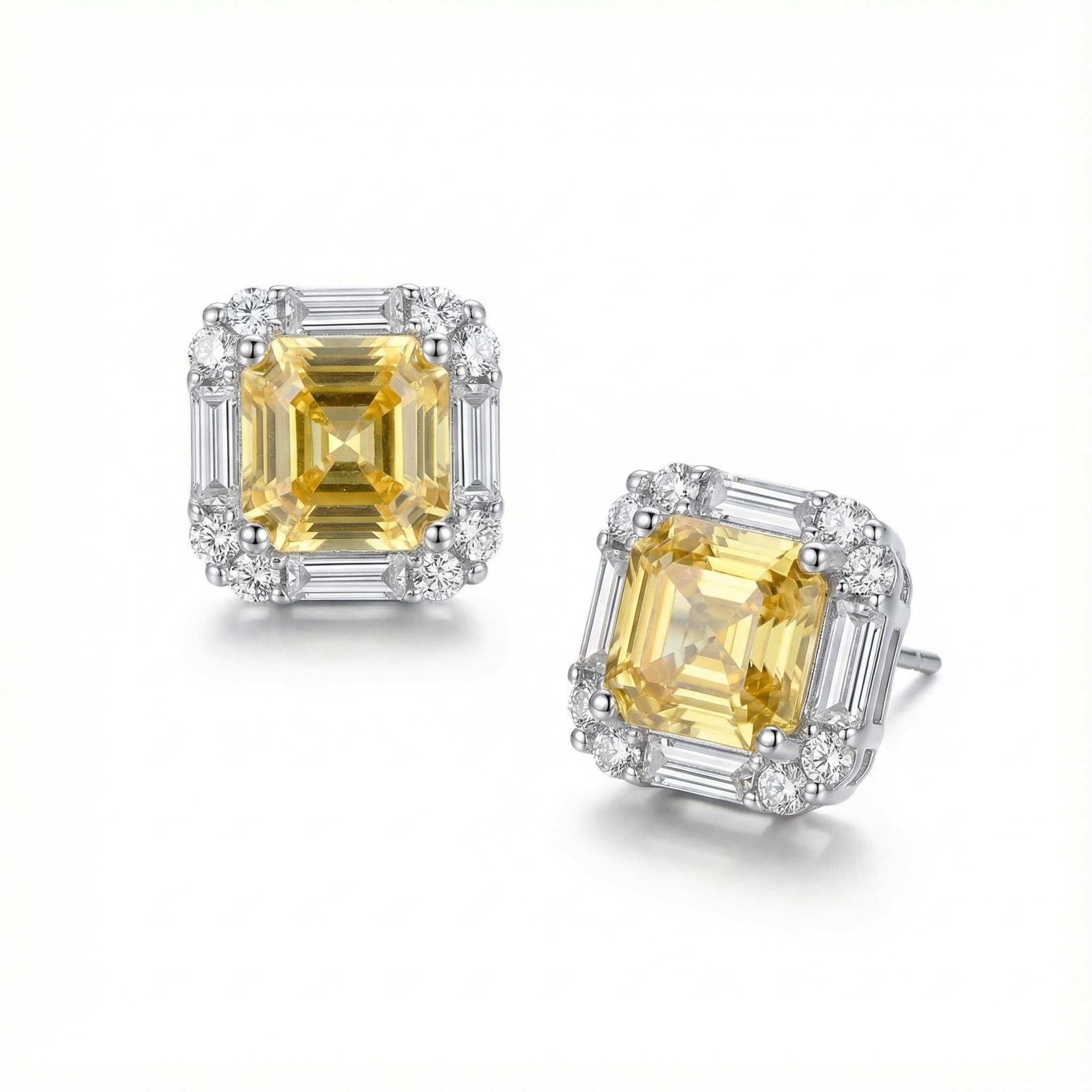 S925 Silver Yellow Princess Diamond Halo Stud Earring
