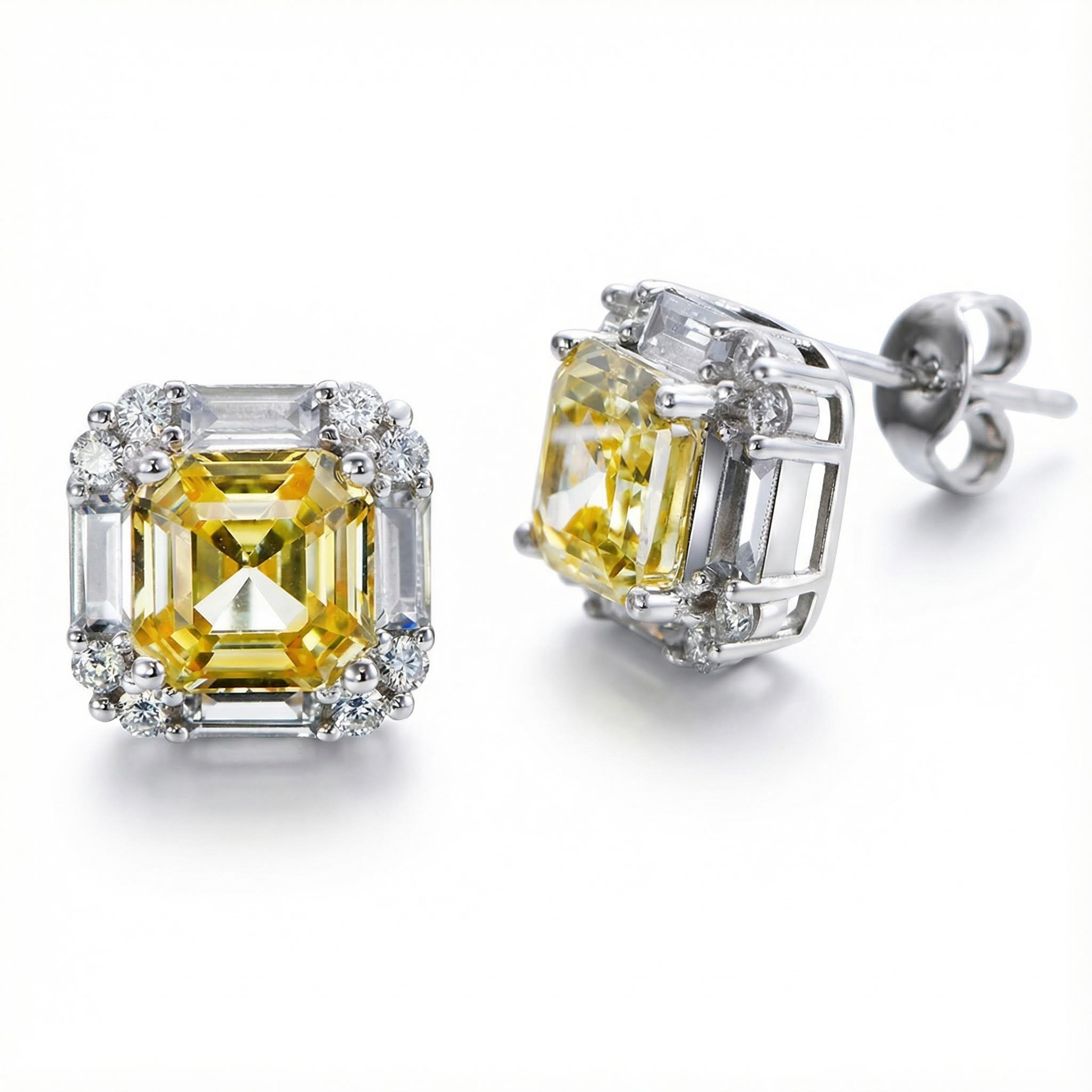 S925 Silver Yellow Princess Diamond Halo Stud Earring