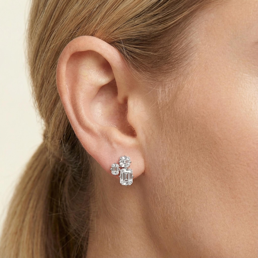 S925 Silver Asscher & Emerald Cut Diamond Stud Earrings