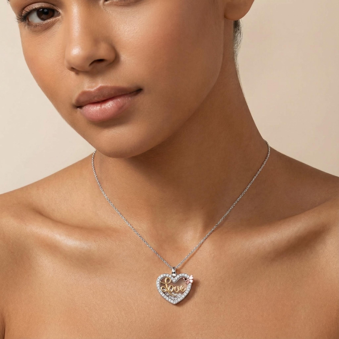 S925 Silver Heart Shaped Dancing Diamonds Pendent Necklace
