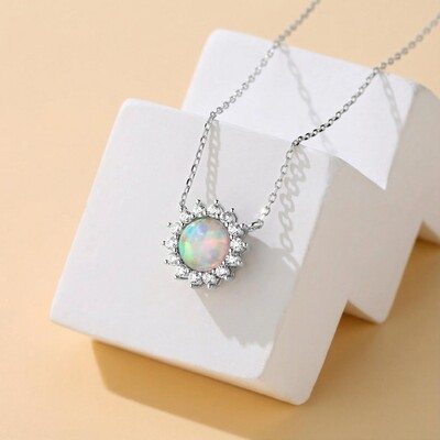 S925 Silver Opal Flower Dainty Necklace
