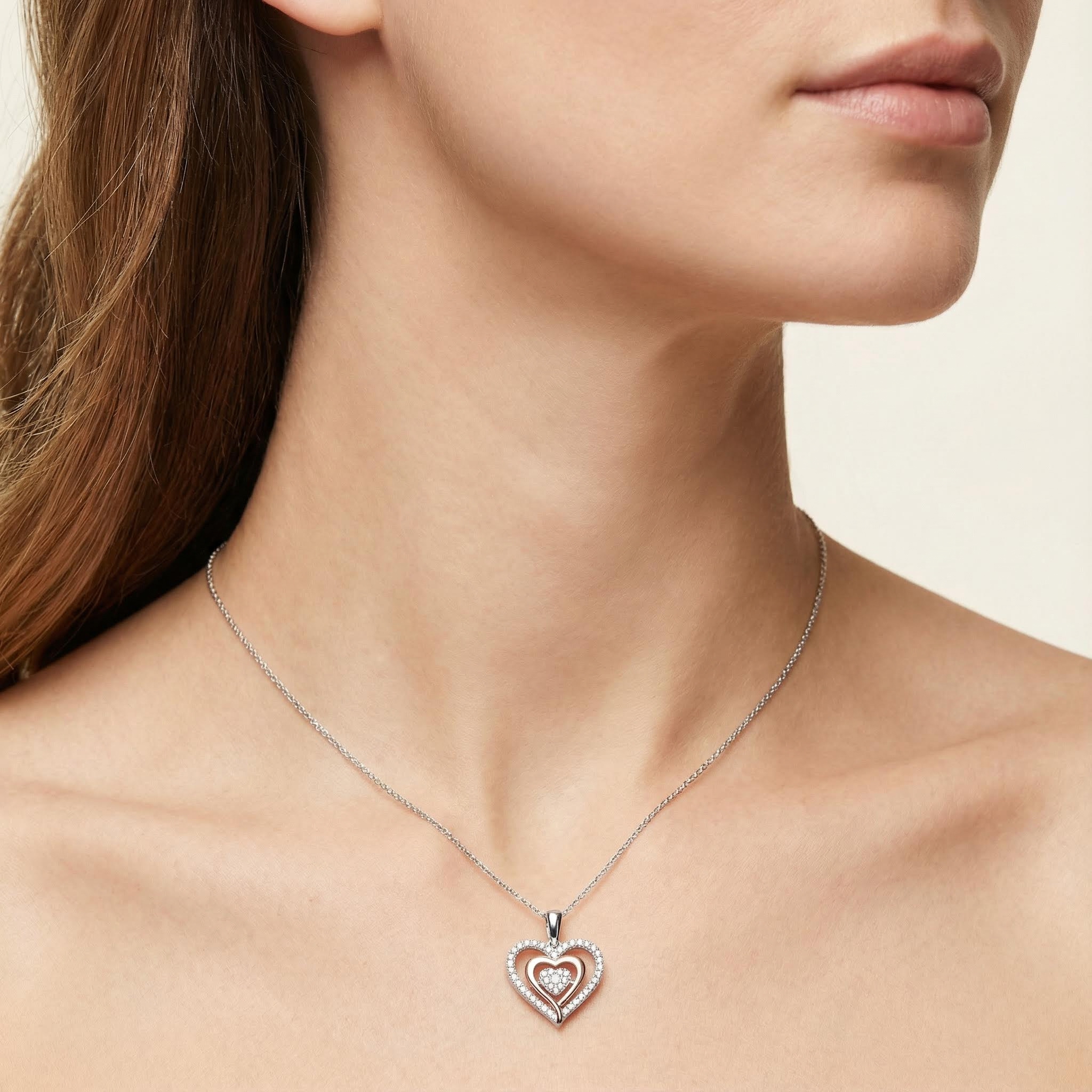 S925 Silver Heart Diamond Cluster Pendant Necklace