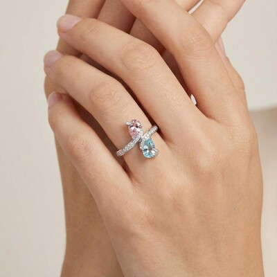 S925 Silver Bypass Style Pink & Blue Pear Diamond Ring