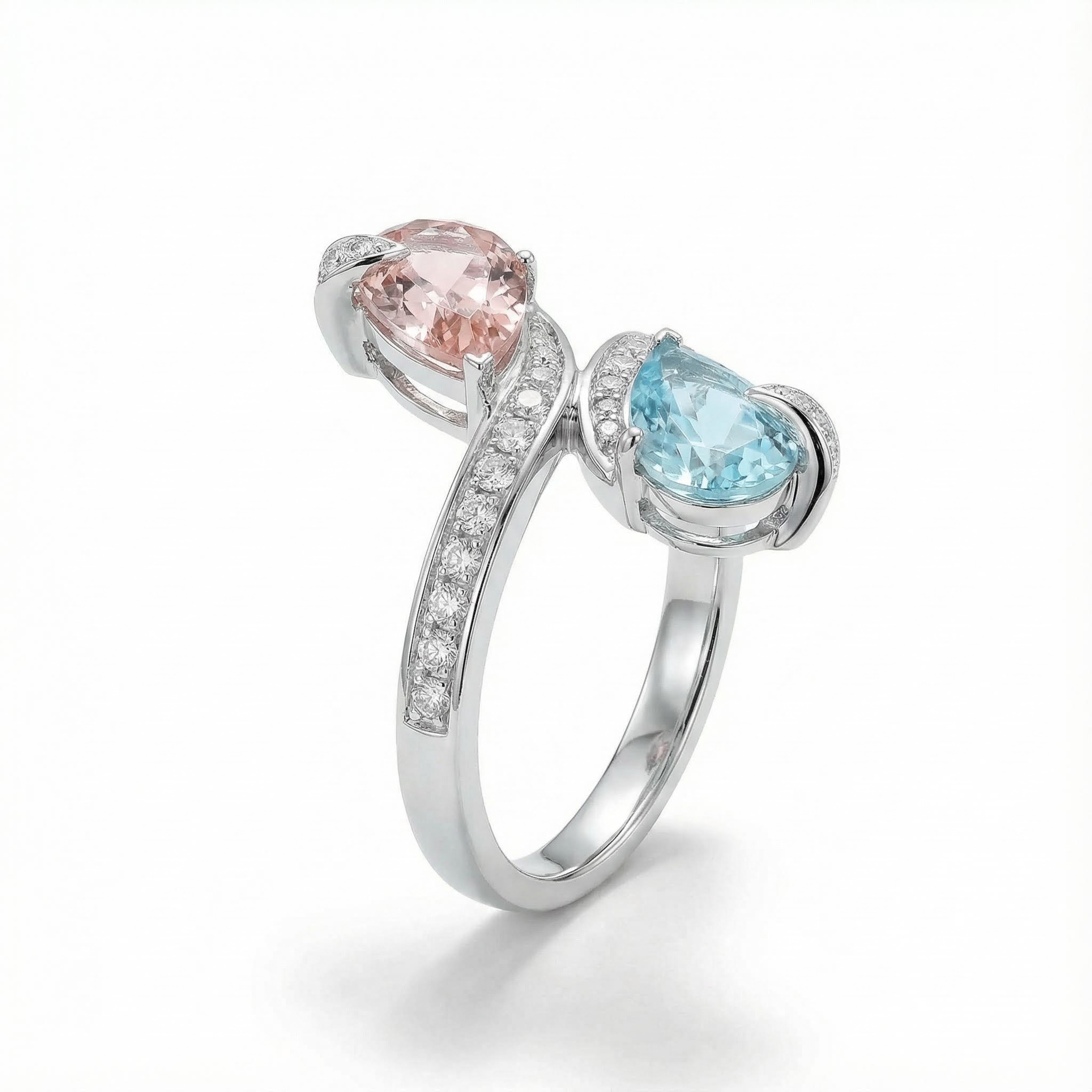 S925 Silver Bypass Style Pink & Blue Pear Diamond Ring